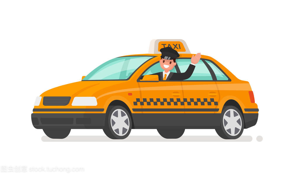 司機正在開一輛出租車。黃色計程車矢量插圖